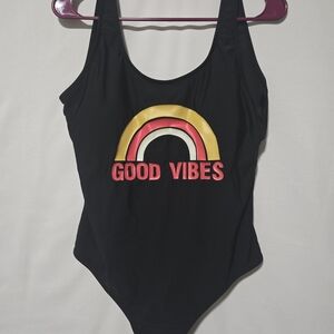PatPat Black One Piece Swimsuit with Rainbow Design